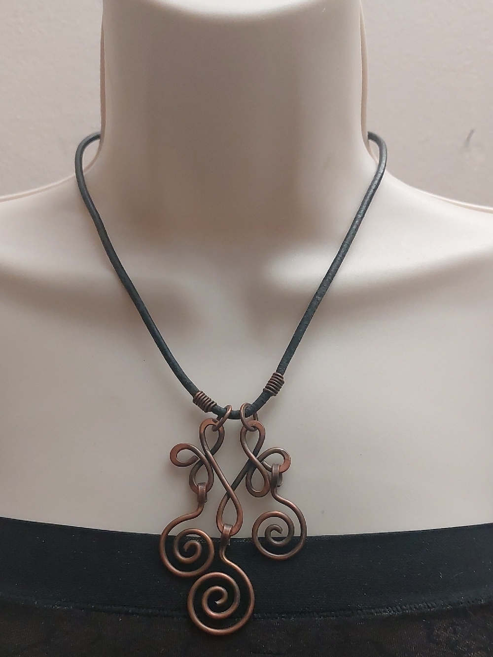 Artisan Vintage Copper Art Celtic Triskele Pedant On Black Cord Necklace